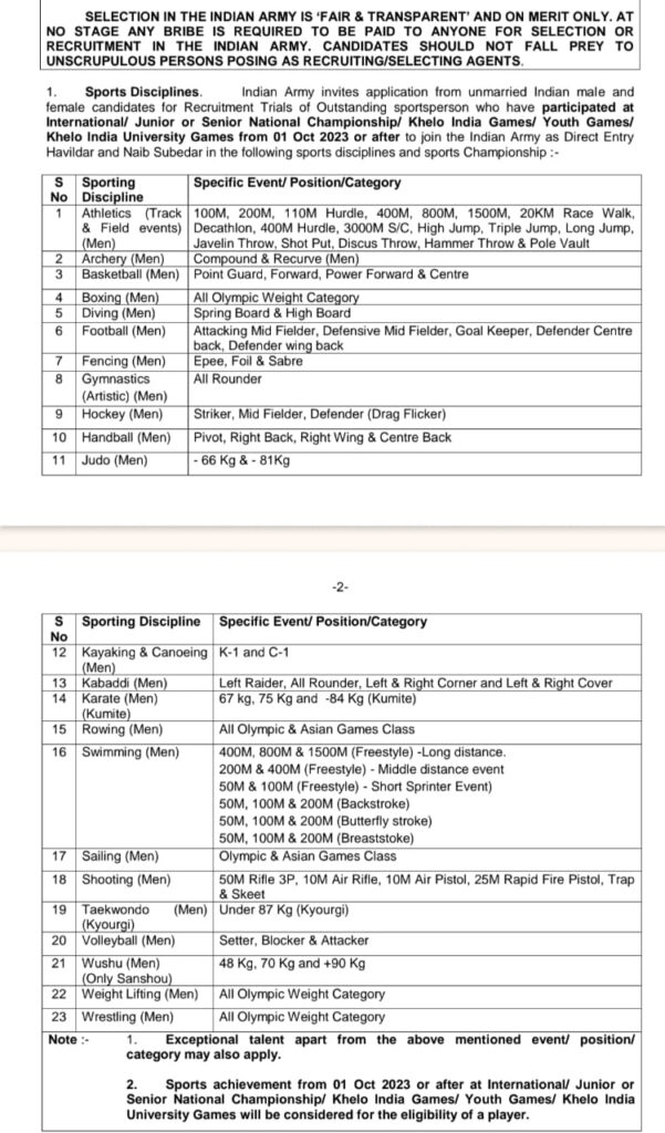 Indian Army Sports Quota Recruitment 2025